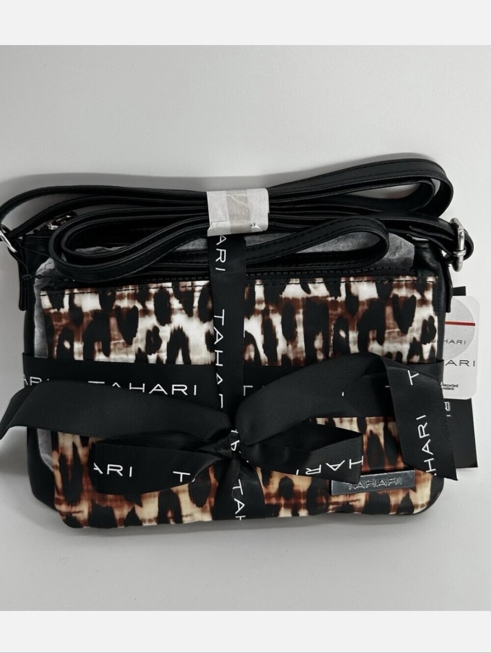 Tahari Black Crossbody Bag w Leopard Wristlet NWT